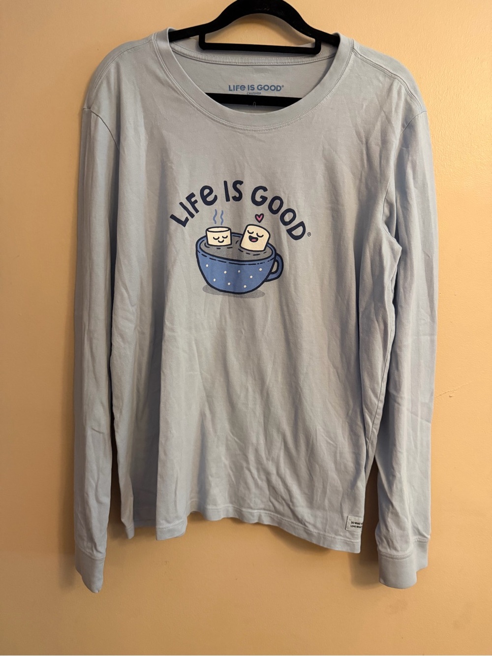 Life Is Good Light Blue Long Sleeve Tee with Marshmallow Cup Graphic